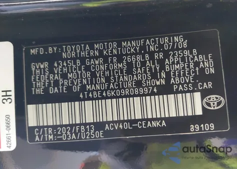 2009 Toyota Camry z USA, uszkodzony, nr VIN 4T4BE46K09R089974